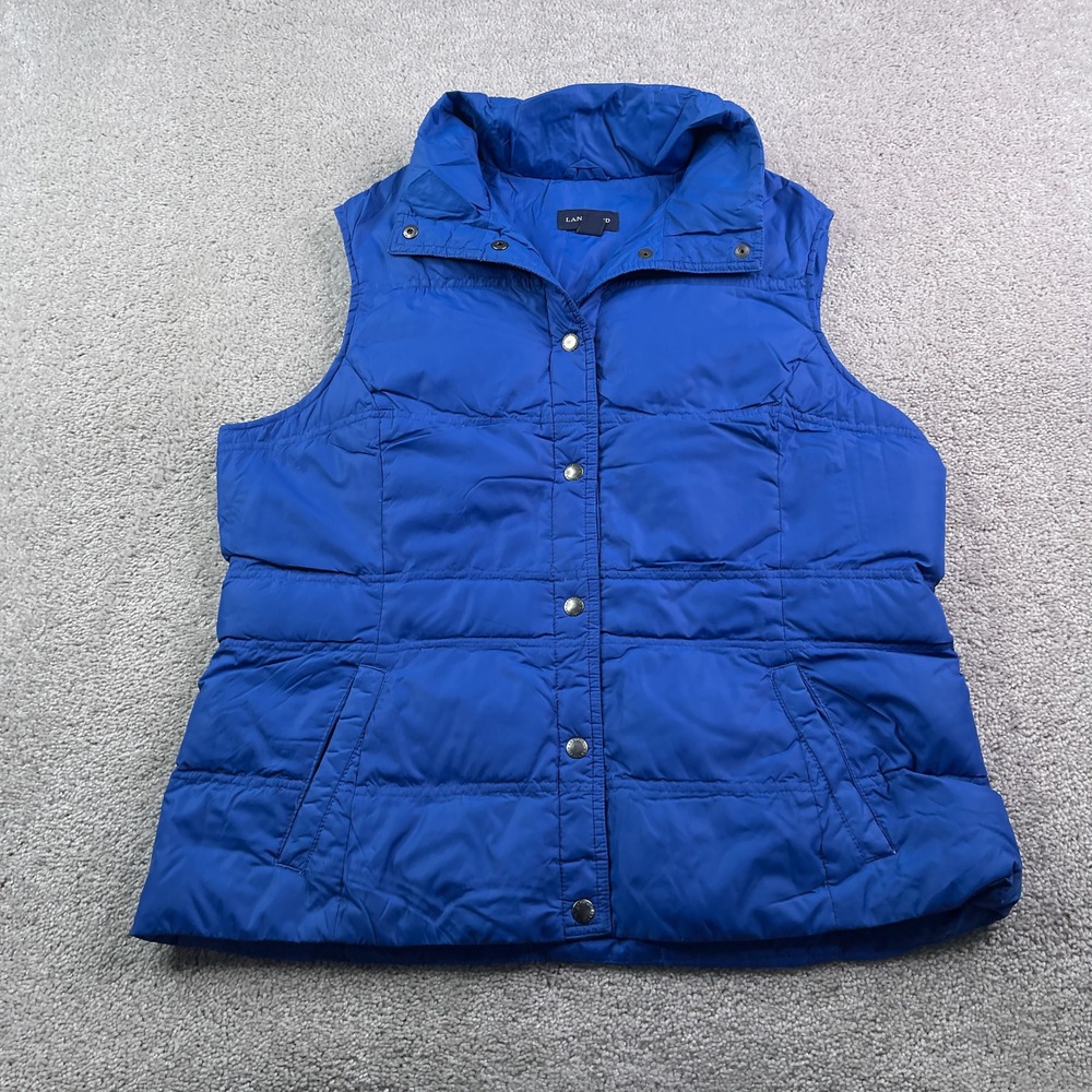 Lands End Vest Womens Large Blue Puffer Down Insulated Quilted Snap Front Fall